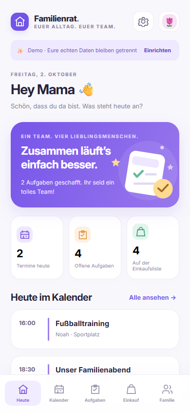 Familienrat App: freundliche Übersicht mit Kalender, Aufgaben und Einkaufsliste im Demo-Modus